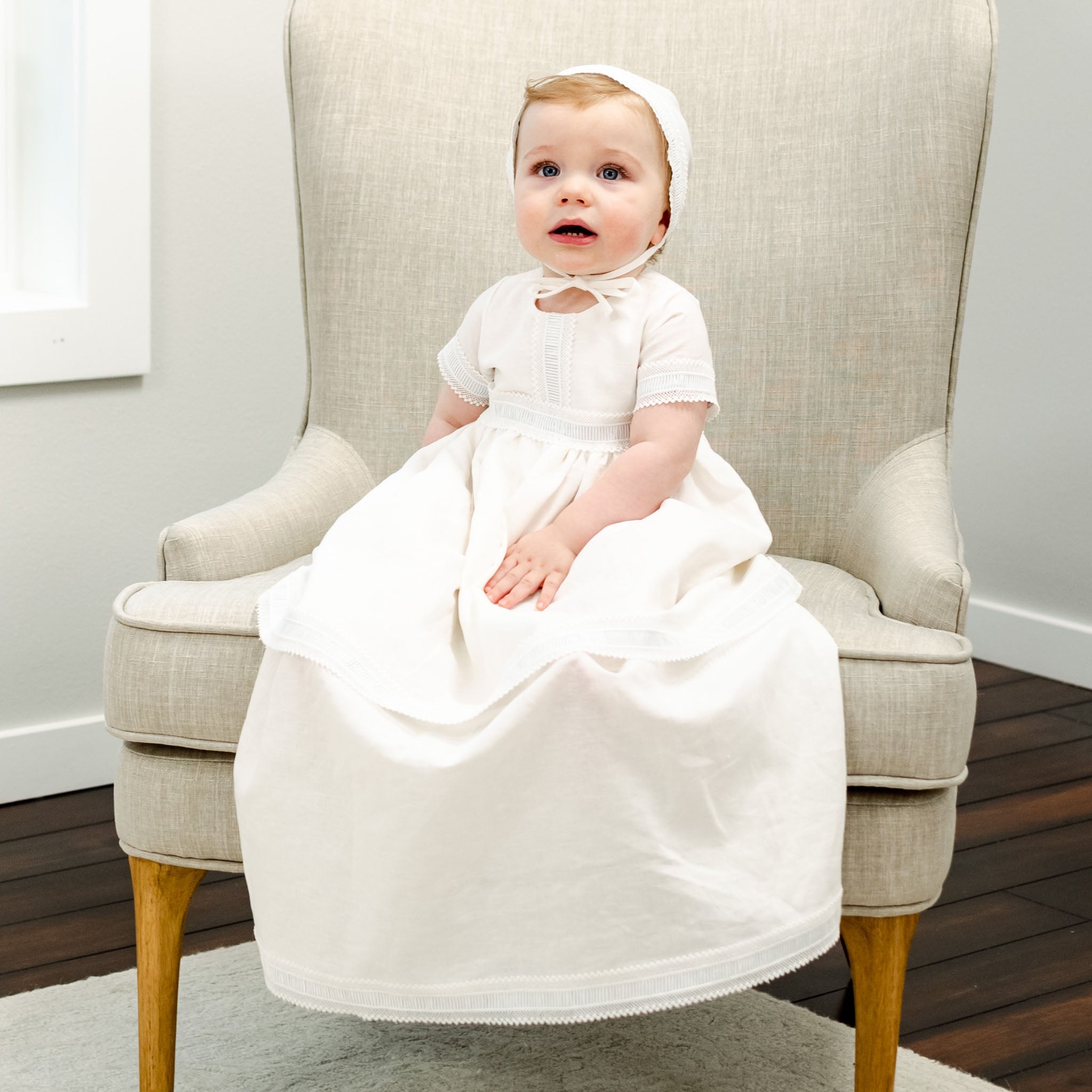 Emelia Christening Gown & Baptism Dress with Coordinating Bonnet